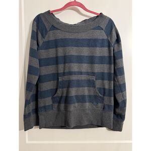 Roxy Sweatshirt Size XL Blue Gray Striped Pullover Back 1/4 Zip Scoop Neck